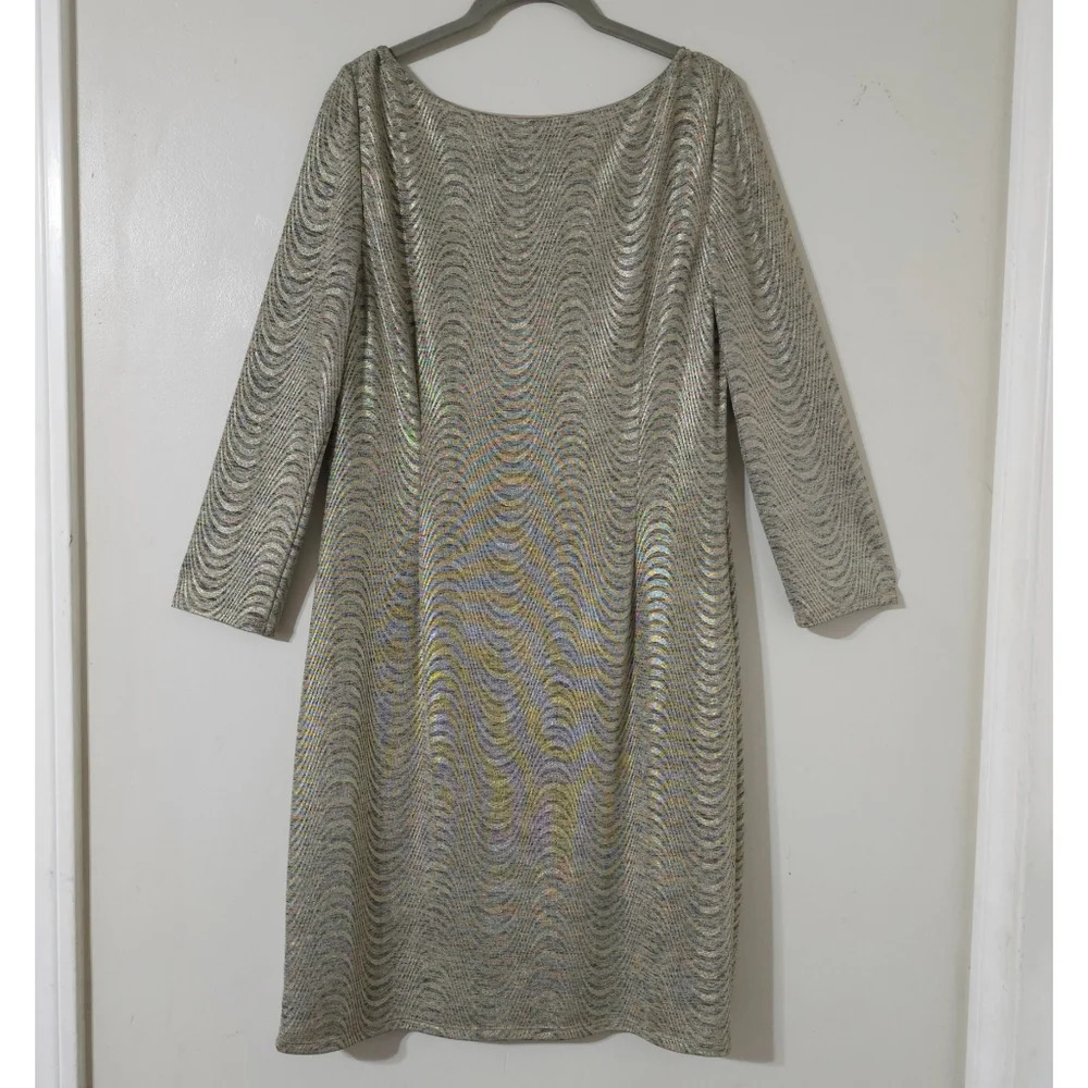 Gold Champagne Metallic Knit Wedding Guest Shift Dress, Formal Cocktail Elegant - Picture 9 of 15
